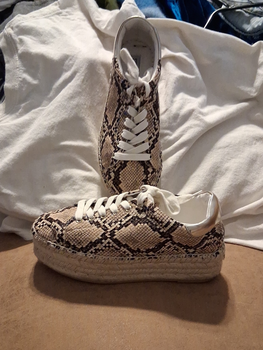 Steve Madden Beige Snake-Print Espadrille Platform Sneakers